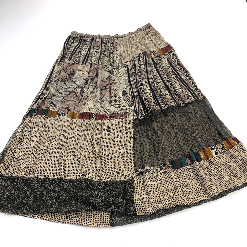 Vtg Carole Little Maxi Skirt 14 Patchwork Crinkle Peasant Prairie Cottage Gypsy